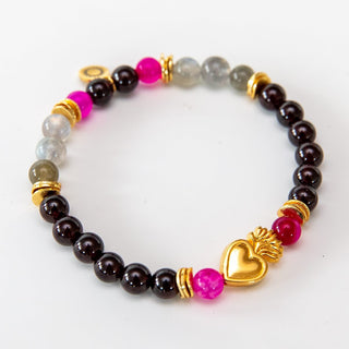Yoga Armband aus Granat und Mondstein mit vergoldetem Herz