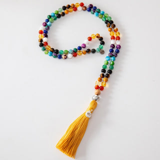 Mala Kette Meditationskette Buen Camino aus 108 Edelstein-Perlen versilbertem Anhänger