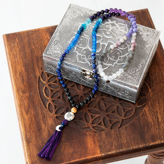 Mala Kette Meditationskette 108 Perlen aus Edelsteine Amethyst Mondstein Lapis Lazuli Moon Child