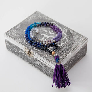 Mala Kette Meditationskette 108 Perlen aus Edelsteine Amethyst Mondstein Lapis Lazuli Moon Child