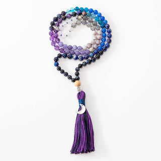Mala Kette Meditationskette 108 Perlen aus Edelsteine Amethyst Mondstein Lapis Lazuli Moon Child