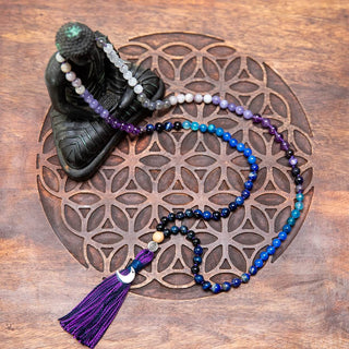 Mala Kette Meditationskette 108 Perlen aus Edelsteine Amethyst Mondstein Lapis Lazuli Moon Child