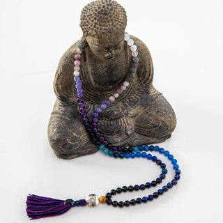 Mala Kette Meditationskette 108 Perlen aus Edelsteine Amethyst Mondstein Lapis Lazuli Moon Child