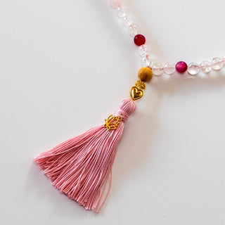 Mala Kette Meditationskette Rosenquarz, Mondstein Angelit vergoldete Perle
