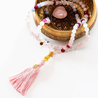Mala Kette Meditationskette Rosenquarz, Mondstein Angelit vergoldete Perle