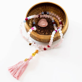 Mala Kette Meditationskette Rosenquarz, Mondstein Angelit vergoldete Perle