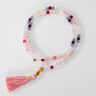 Mala Kette Meditationskette Rosenquarz, Mondstein Angelit vergoldete Perle