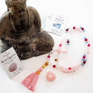 Mala Kette Meditationskette Rosenquarz, Mondstein Angelit vergoldete Perle