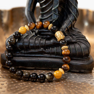 Buddha Armband Obsidian, Tigerauge, Mookaite, golden Buddha Yoga Armband