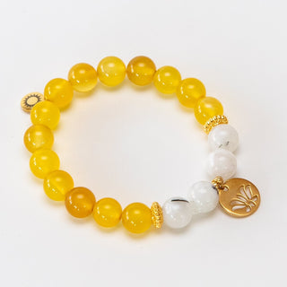 Yoga Armband aus gelbem Achat & indischen Mondstein mit vergoldetem Lotus-Anhänger