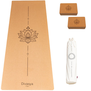 Juego de esterilla de yoga: esterilla de corcho para yoga con 2 bloques de yoga, correa de transporte y funda protectora