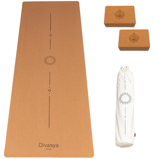 Juego de esterilla de yoga: esterilla de corcho para yoga con 2 bloques de yoga, correa de transporte y funda protectora