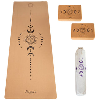 Juego de esterilla de yoga: esterilla de corcho para yoga con 2 bloques de yoga, correa de transporte y funda protectora