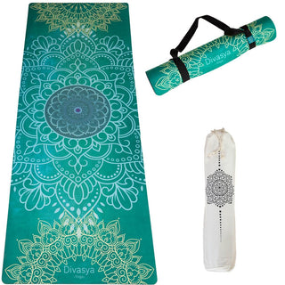 Yogamatte Naturkautschuk rutschfest recycelte Mikrofaser mit Mandala  grün