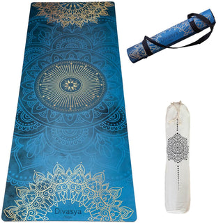 Yogamatte Naturkautschuk rutschfest recycelte Mikrofaser mit Mandala blau