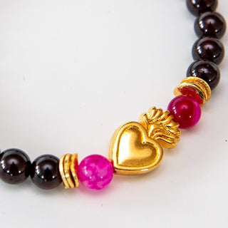 Yoga Armband aus Granat und Mondstein mit vergoldetem Herz