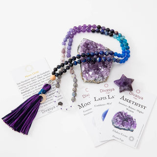 Mala Kette Meditationskette 108 Perlen aus Edelsteine Amethyst Mondstein Lapis Lazuli Moon Child