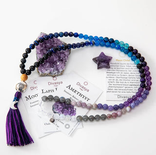 Mala Kette Meditationskette 108 Perlen aus Edelsteine Amethyst Mondstein Lapis Lazuli Moon Child