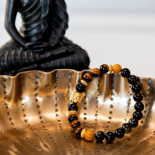 Yoga Armband Obsidian, Tigerauge & Mookaite, buddha aus gold