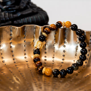 Yoga Armband GOLDEN BUDDHA aus Obsidian, Tigerauge & Mookaite