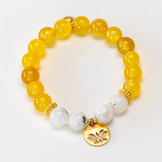 Yoga Armband aus gelbem Achat & indischen Mondstein mit vergoldetem Lotus-Anhänger