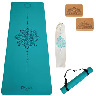 Yoga Set Yogamatte rutschfest Petrol mit yoga Block Kork Schutzhülle